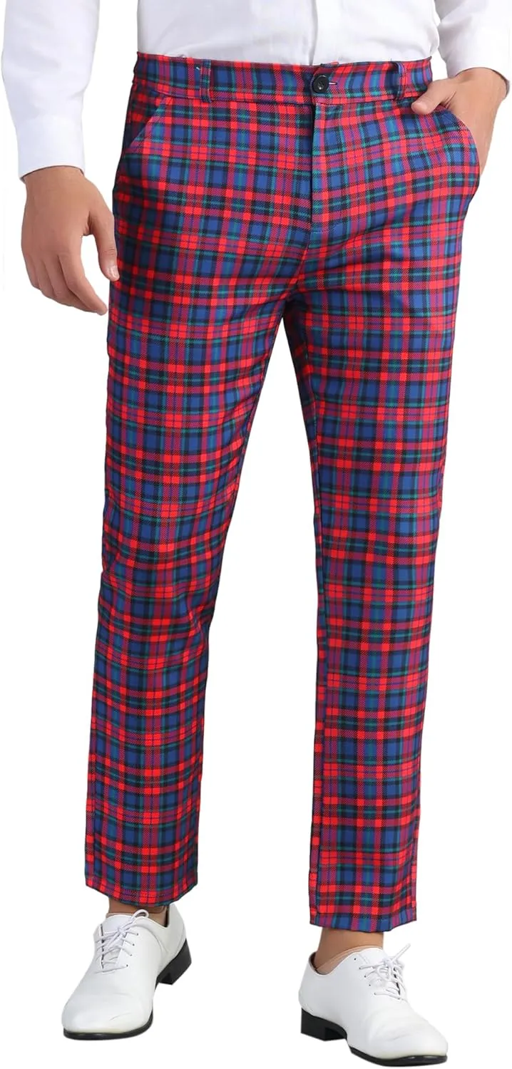Lars Amadeus Men's Formal Trousers Color Block Slim Fit Flat Front Plaid Dress Pants