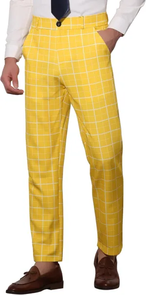 Lars Amadeus Men's Formal Trousers Color Block Slim Fit Flat Front Plaid Dress Pants