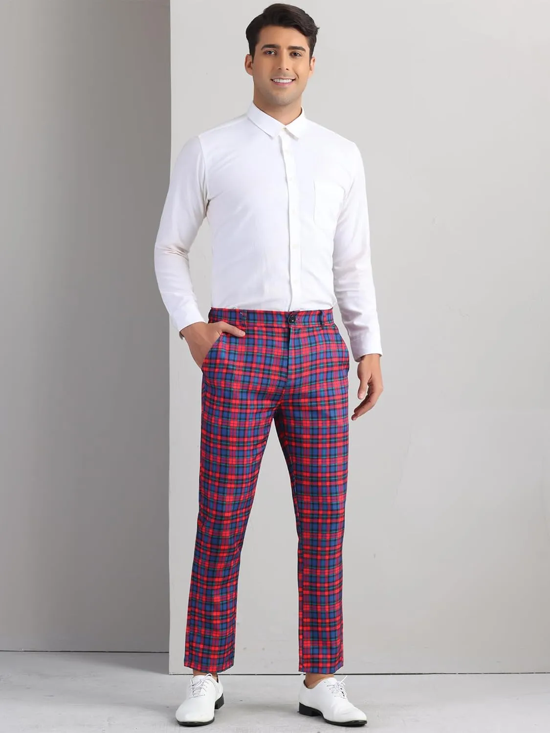 Lars Amadeus Men's Formal Trousers Color Block Slim Fit Flat Front Plaid Dress Pants