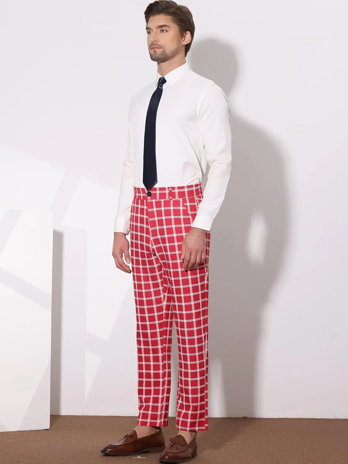 Lars Amadeus Men's Formal Trousers Color Block Slim Fit Flat Front Plaid Dress Pants