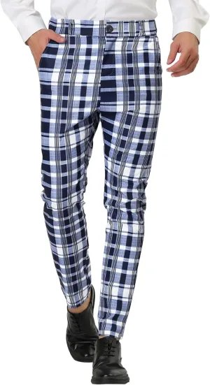 Lars Amadeus Men's Formal Trousers Color Block Slim Fit Flat Front Plaid Dress Pants