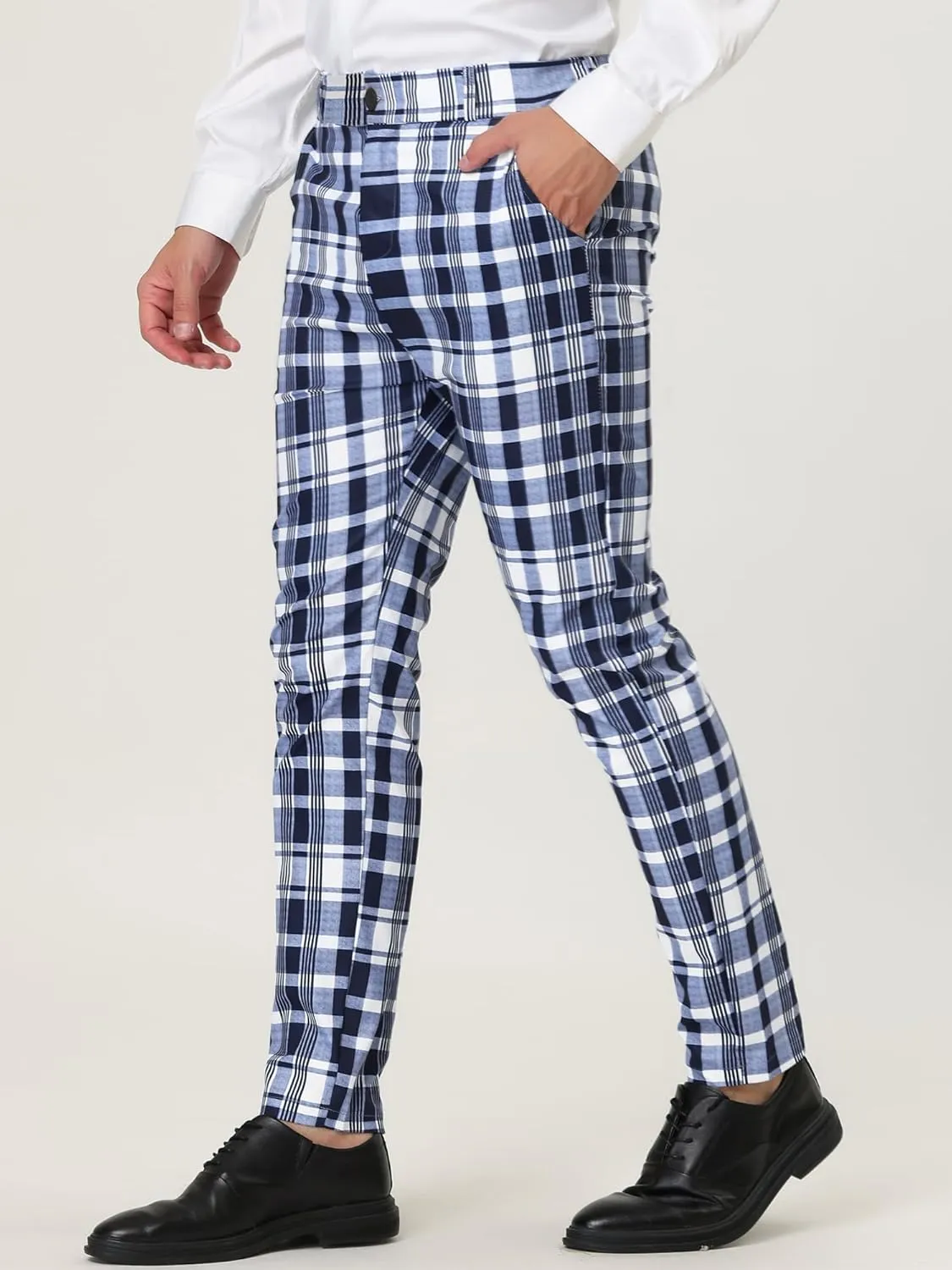 Lars Amadeus Men's Formal Trousers Color Block Slim Fit Flat Front Plaid Dress Pants