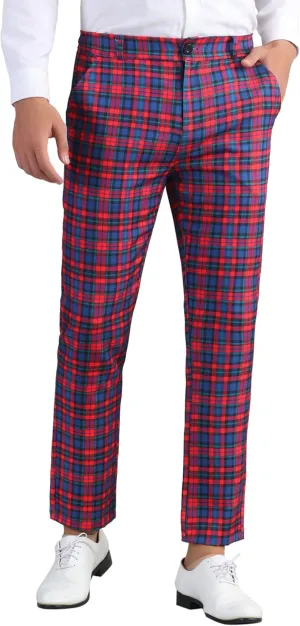 Lars Amadeus Men's Formal Trousers Color Block Slim Fit Flat Front Plaid Dress Pants