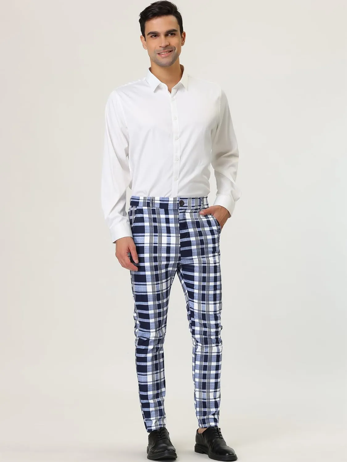 Lars Amadeus Men's Formal Trousers Color Block Slim Fit Flat Front Plaid Dress Pants