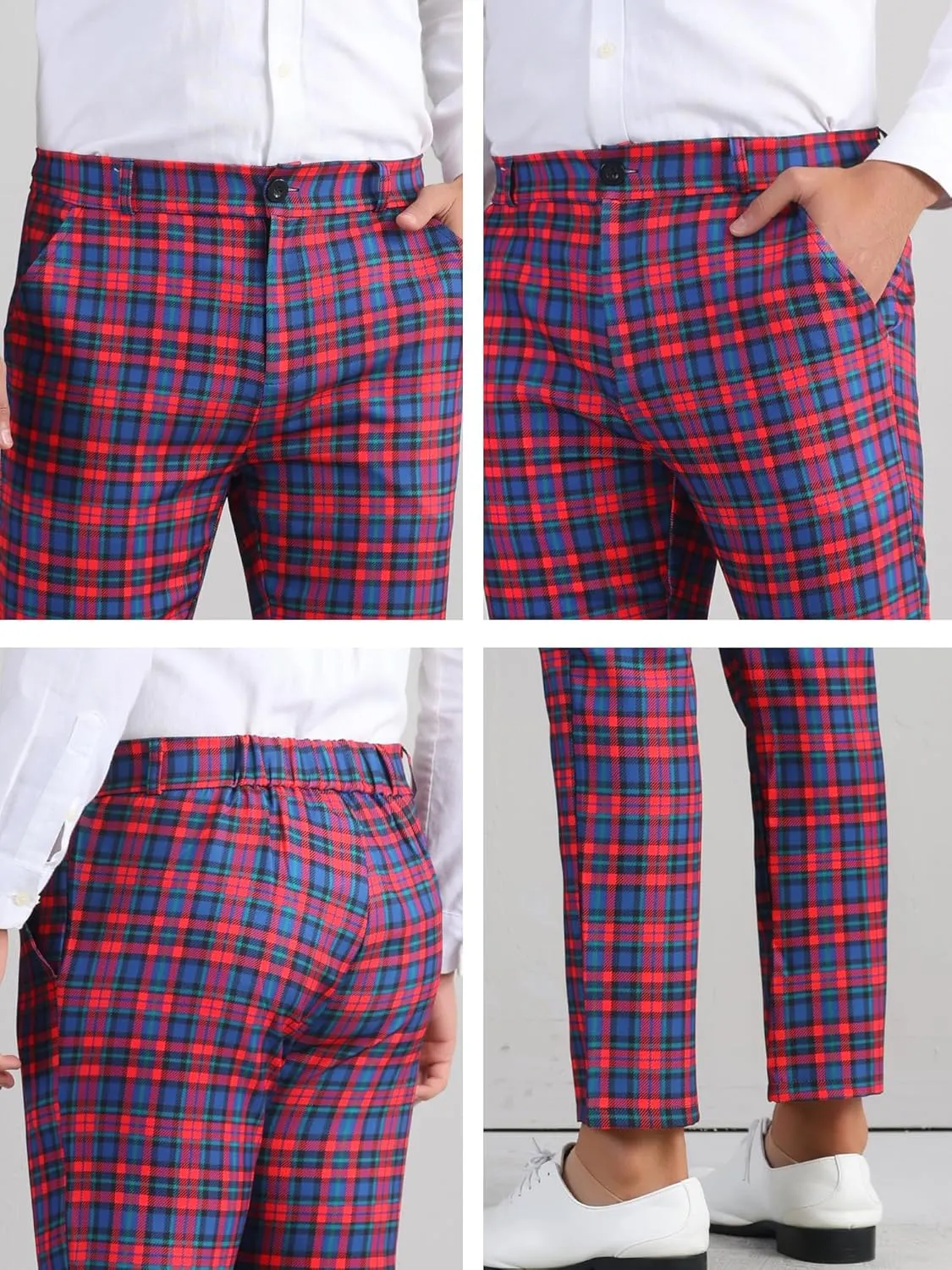 Lars Amadeus Men's Formal Trousers Color Block Slim Fit Flat Front Plaid Dress Pants