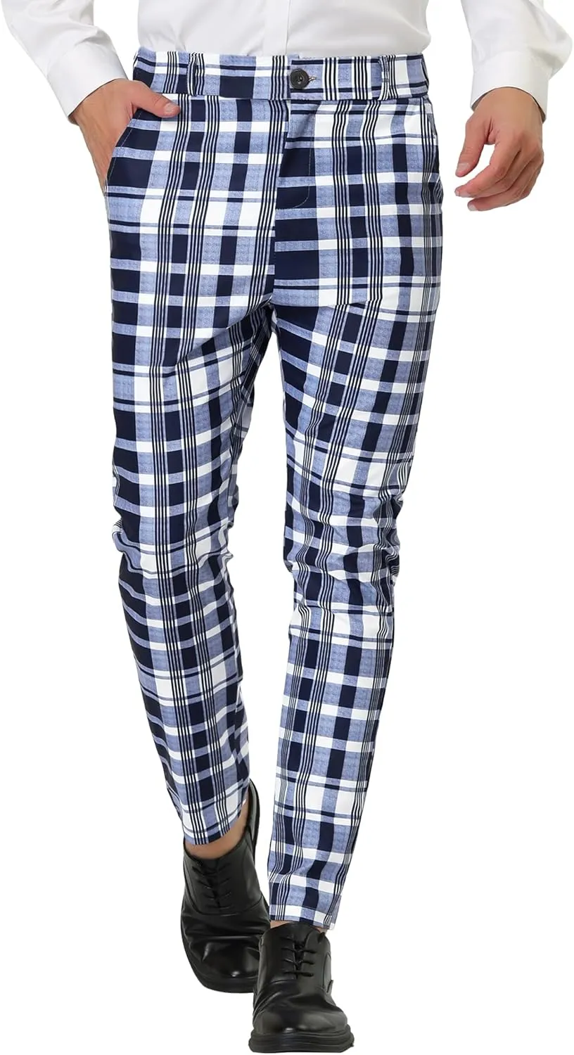 Lars Amadeus Men's Formal Trousers Color Block Slim Fit Flat Front Plaid Dress Pants