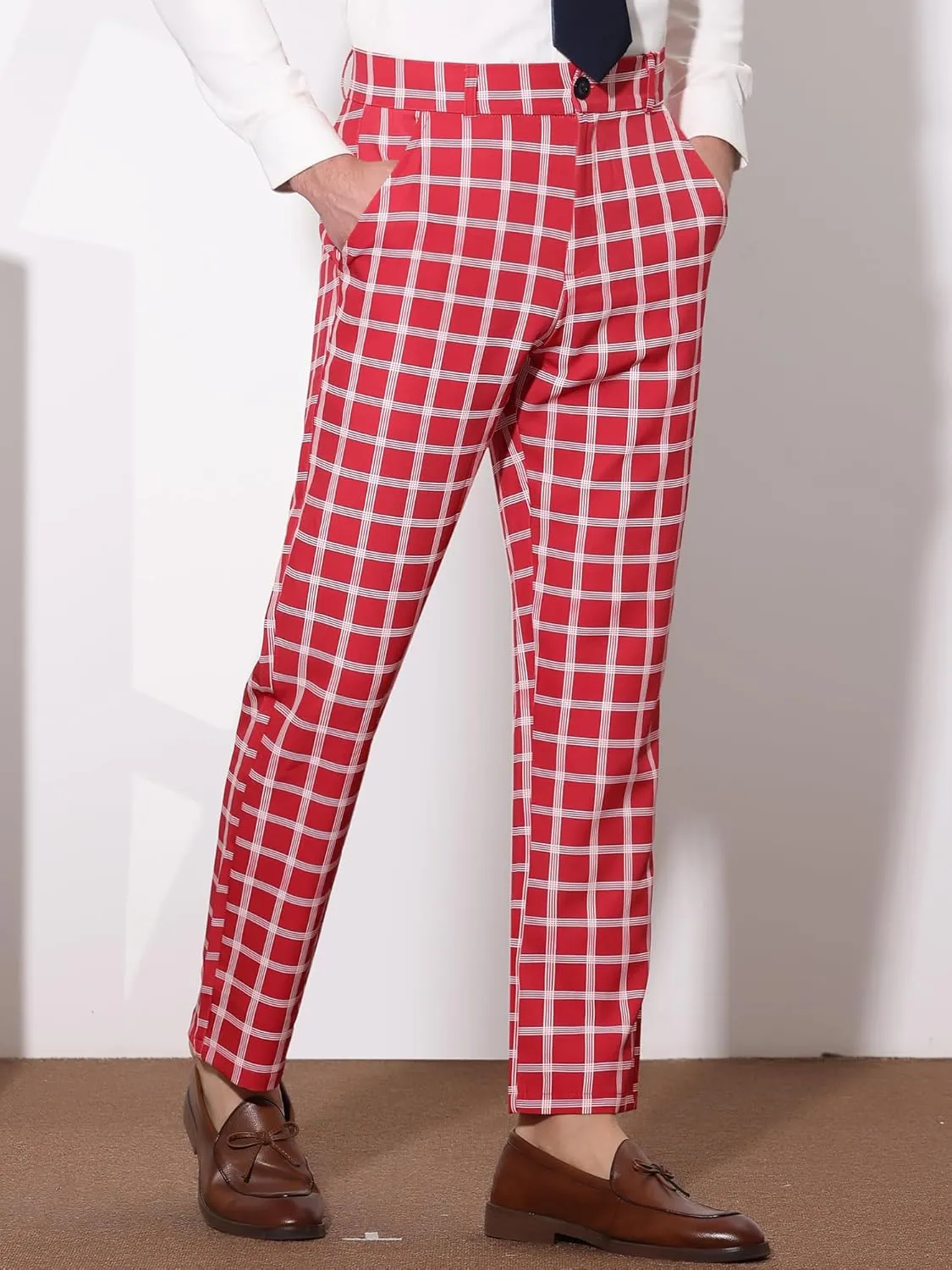 Lars Amadeus Men's Formal Trousers Color Block Slim Fit Flat Front Plaid Dress Pants