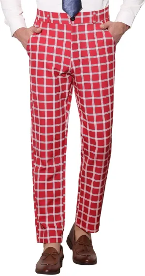 Lars Amadeus Men's Formal Trousers Color Block Slim Fit Flat Front Plaid Dress Pants