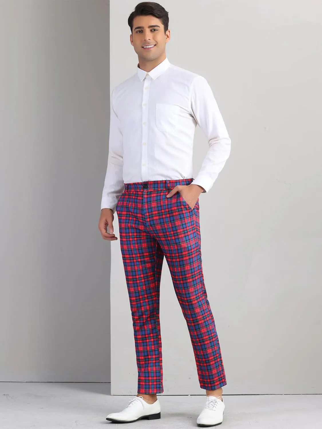 Lars Amadeus Men's Formal Trousers Color Block Slim Fit Flat Front Plaid Dress Pants