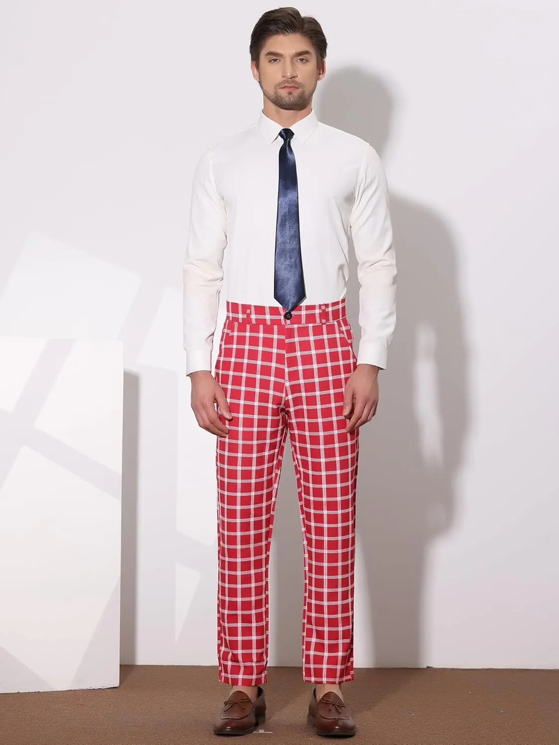 Lars Amadeus Men's Formal Trousers Color Block Slim Fit Flat Front Plaid Dress Pants