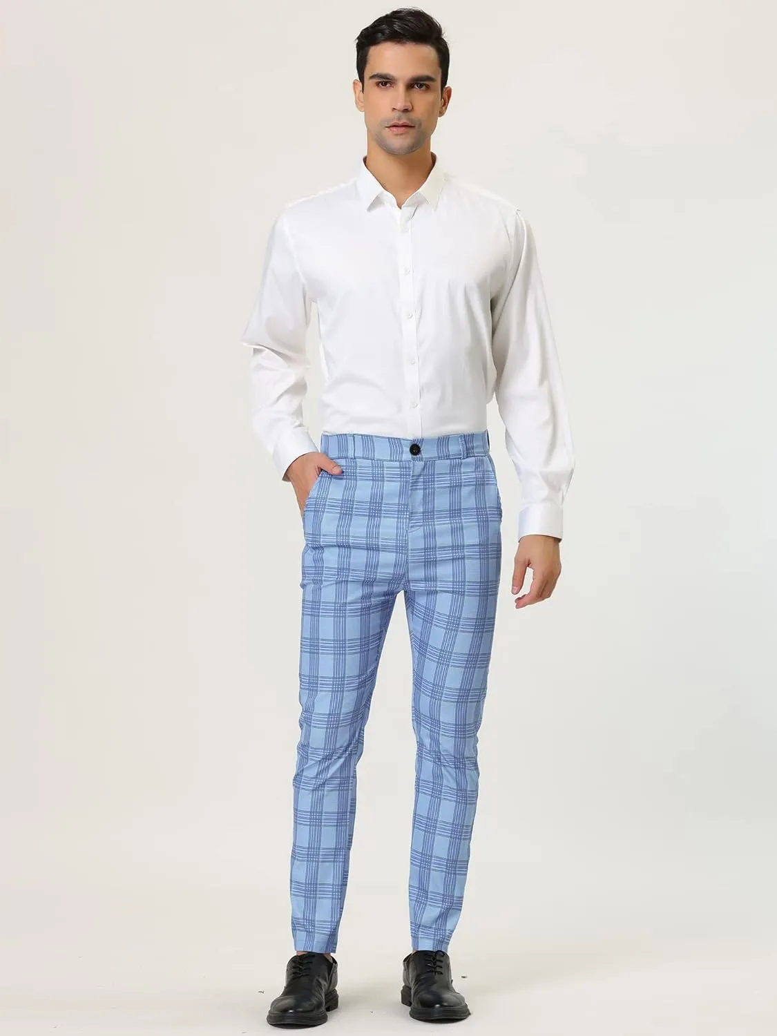 Lars Amadeus Men's Formal Trousers Color Block Slim Fit Flat Front Plaid Dress Pants