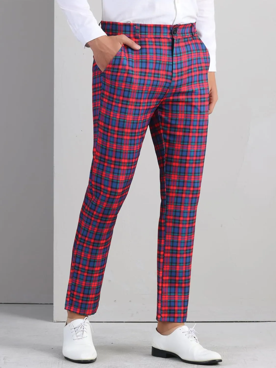 Lars Amadeus Men's Formal Trousers Color Block Slim Fit Flat Front Plaid Dress Pants