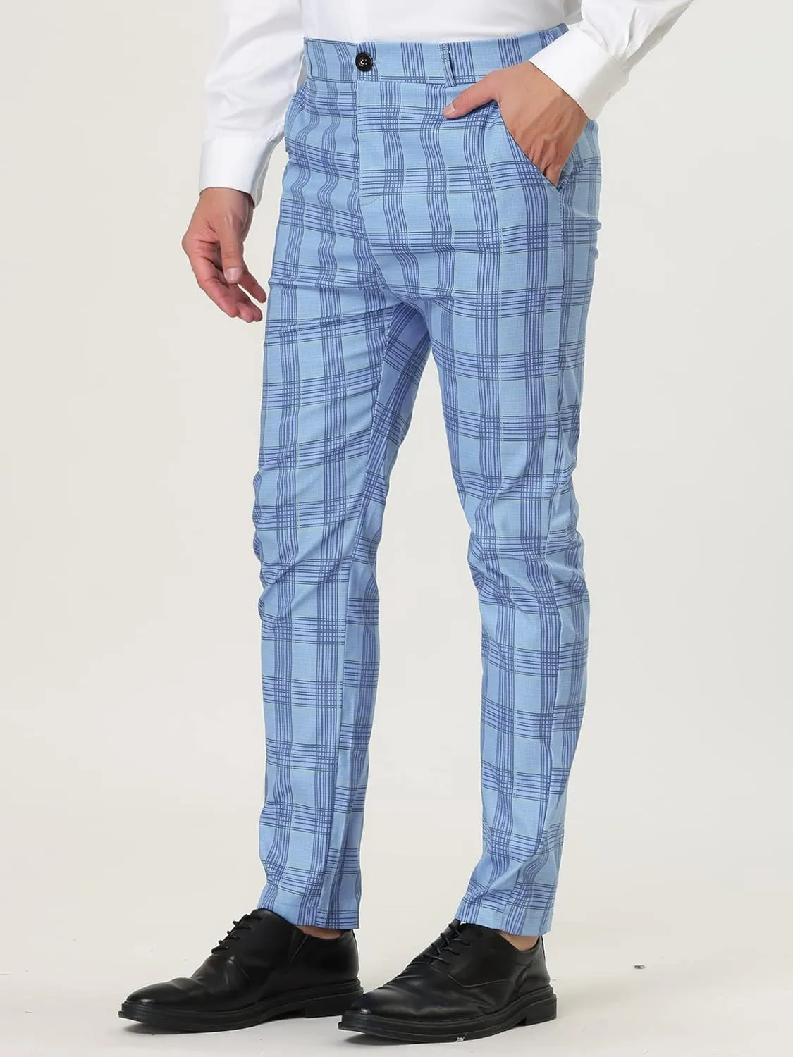 Lars Amadeus Men's Formal Trousers Color Block Slim Fit Flat Front Plaid Dress Pants
