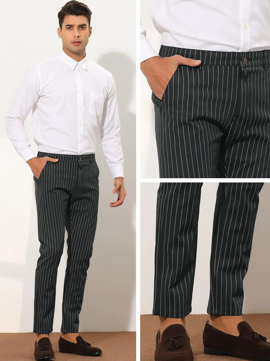 Lars Amadeus Stripes Dress Pants for Men's Slim Fit Business Flat Front Chino Trousers