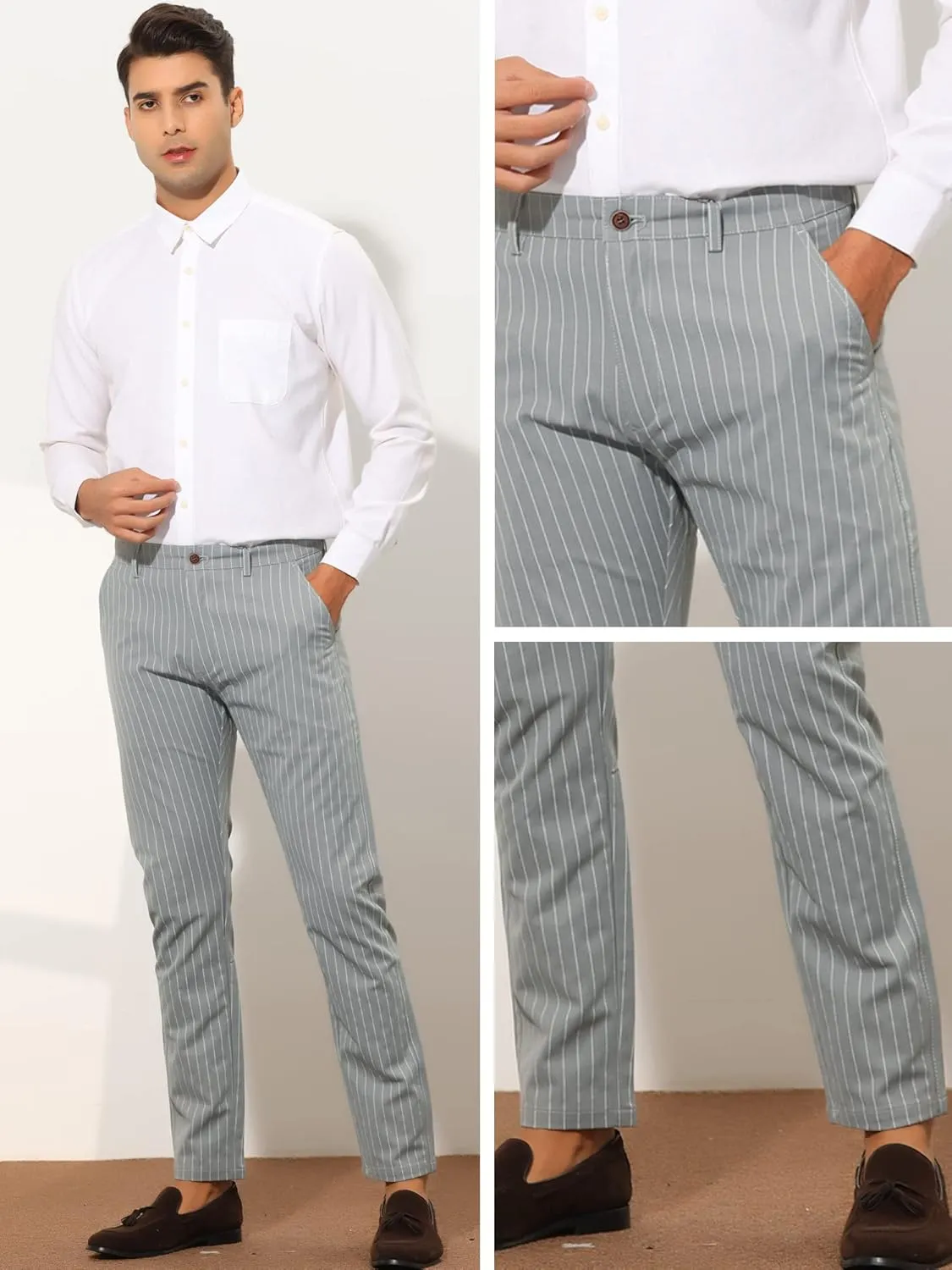Lars Amadeus Stripes Dress Pants for Men's Slim Fit Business Flat Front Chino Trousers