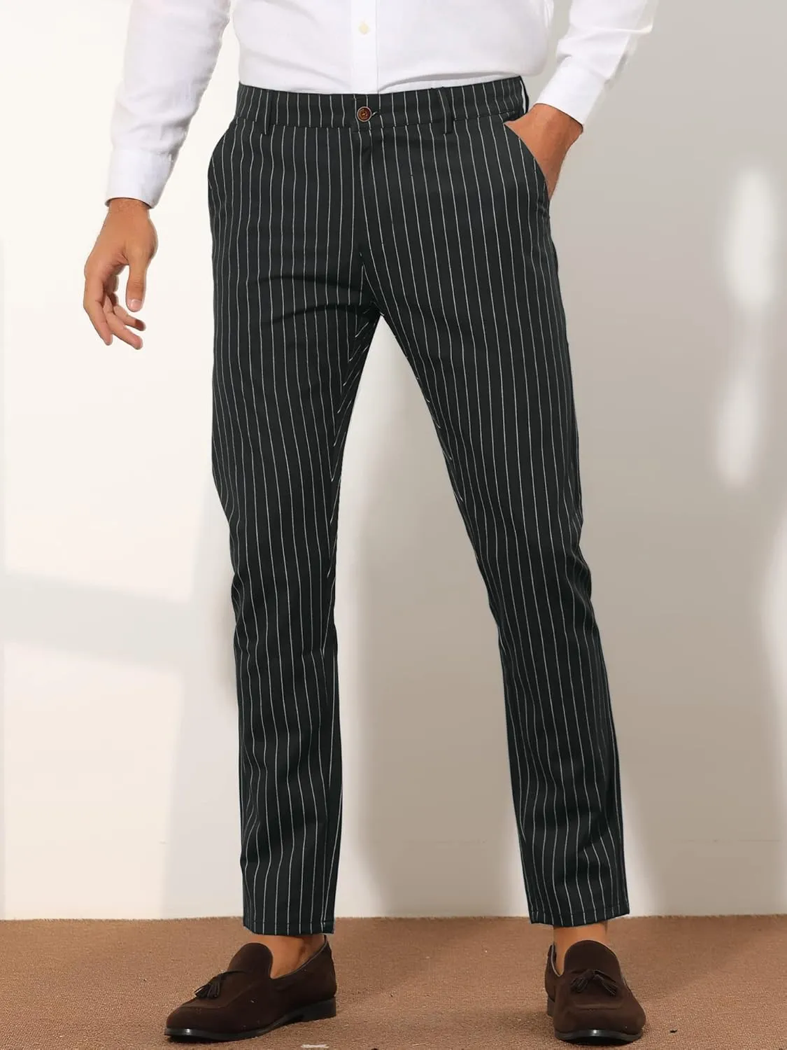 Lars Amadeus Stripes Dress Pants for Men's Slim Fit Business Flat Front Chino Trousers