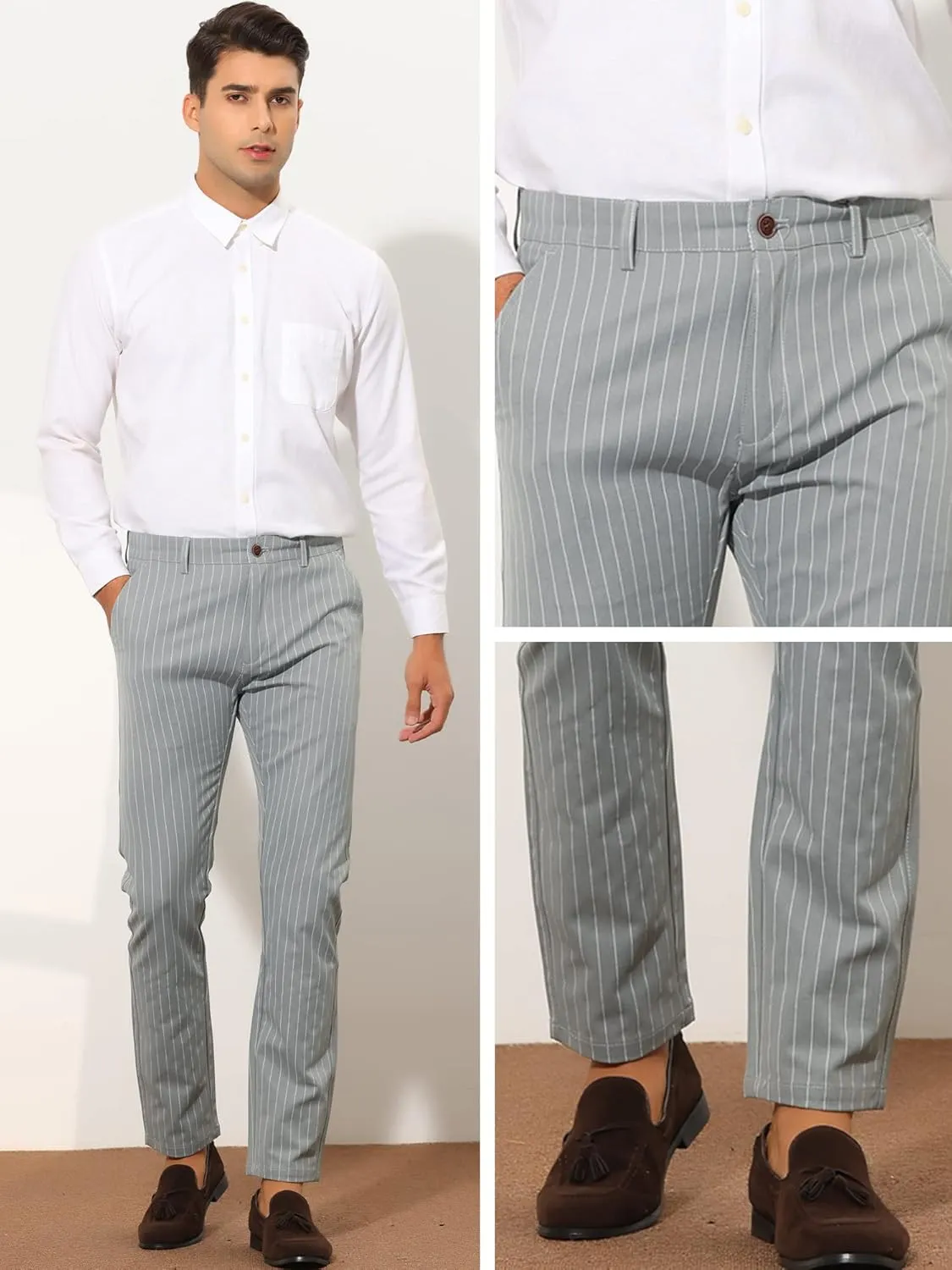 Lars Amadeus Stripes Dress Pants for Men's Slim Fit Business Flat Front Chino Trousers