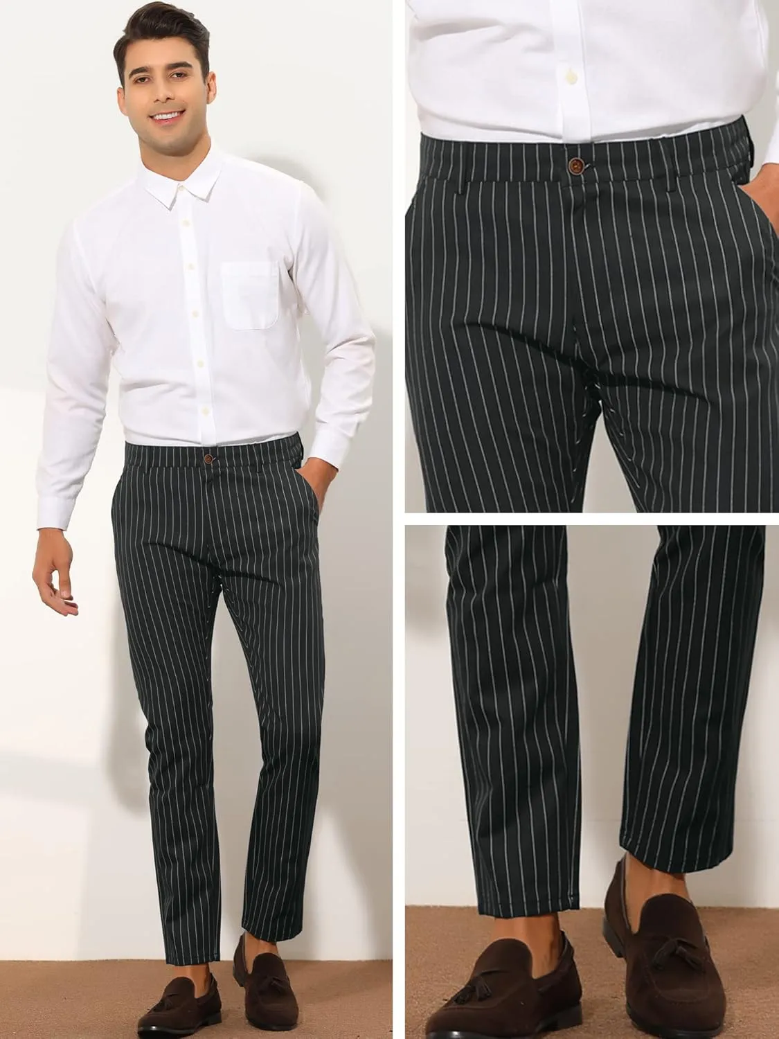 Lars Amadeus Stripes Dress Pants for Men's Slim Fit Business Flat Front Chino Trousers