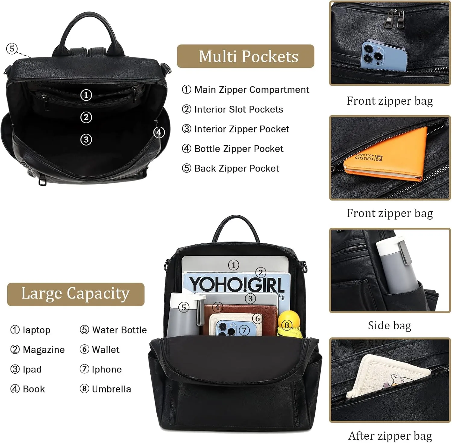 Leather Backpack Purse for Women Designer Ladies Shoulder Bag Fashion Faux Work Travel Handbags