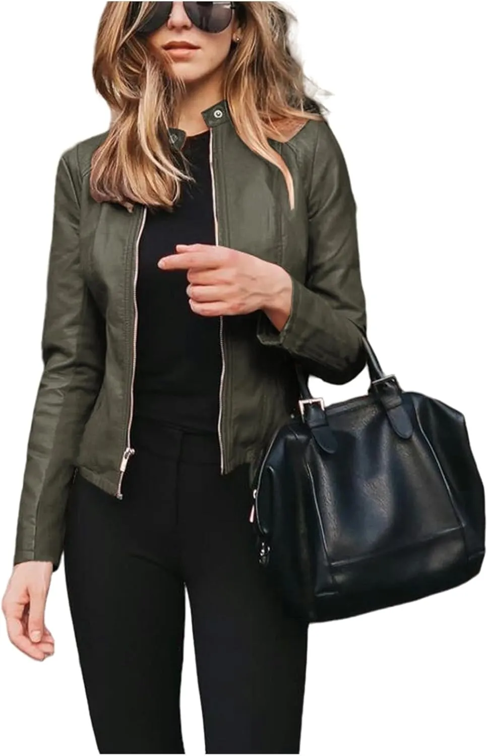 Leather Jacket for Women 2024 Fall Cropped Zip Up Motorcycle Jacket Lightweight Slim Solid Color Coat Outwear