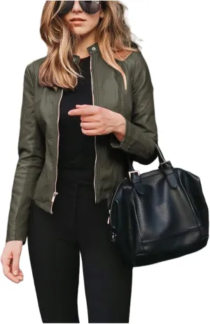 Leather Jacket for Women 2024 Fall Cropped Zip Up Motorcycle Jacket Lightweight Slim Solid Color Coat Outwear