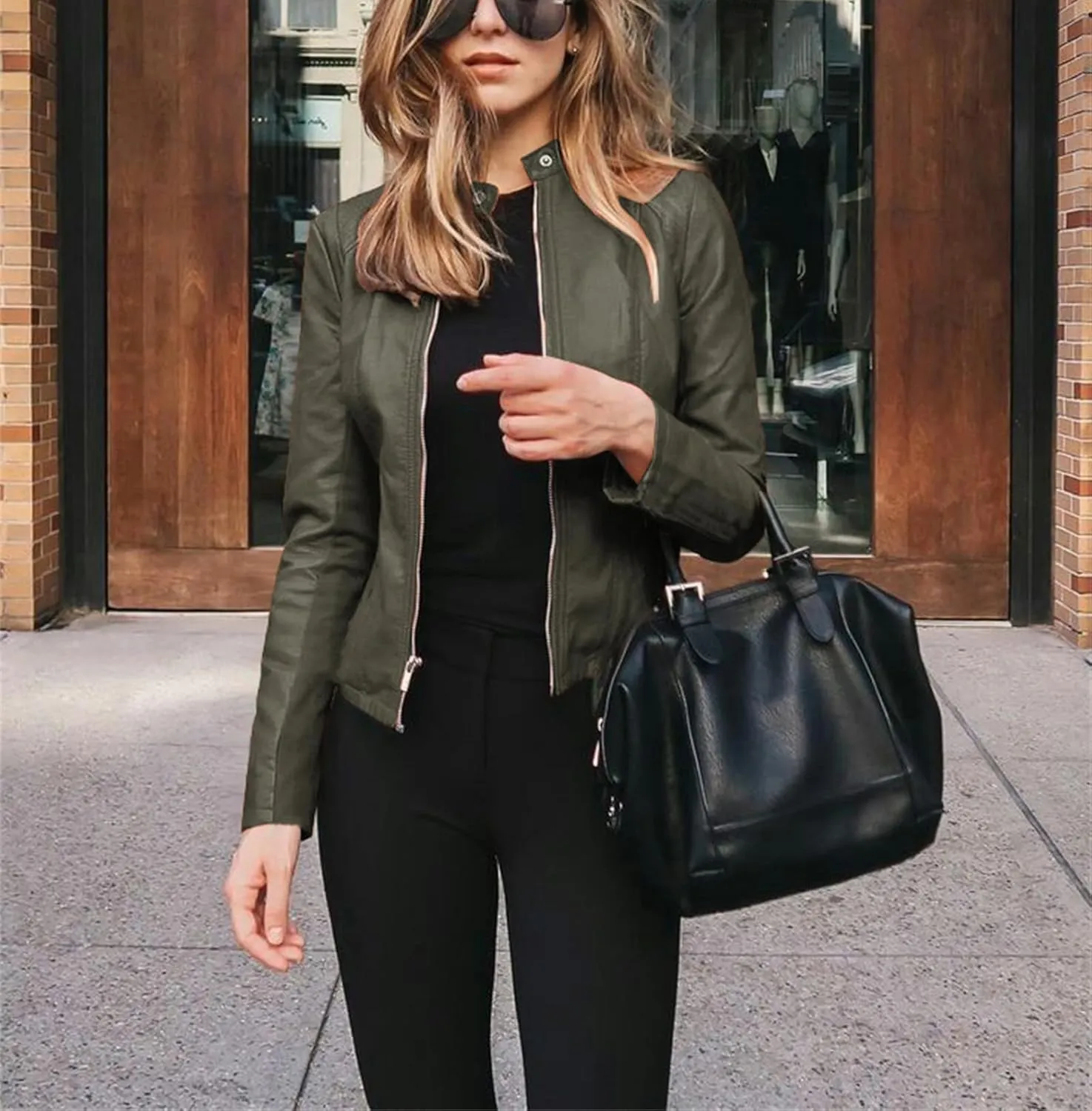 Leather Jacket for Women 2024 Fall Cropped Zip Up Motorcycle Jacket Lightweight Slim Solid Color Coat Outwear