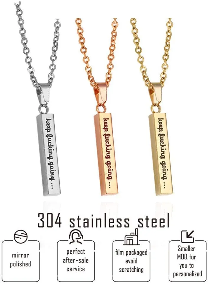 LF Stainless Steel Personalized Keep Going Necklace,Custom Name Keep Funking Going Necklace Vertical Bar Pendant Inspirational Jewelry for Men Women,Free Engraving Customized