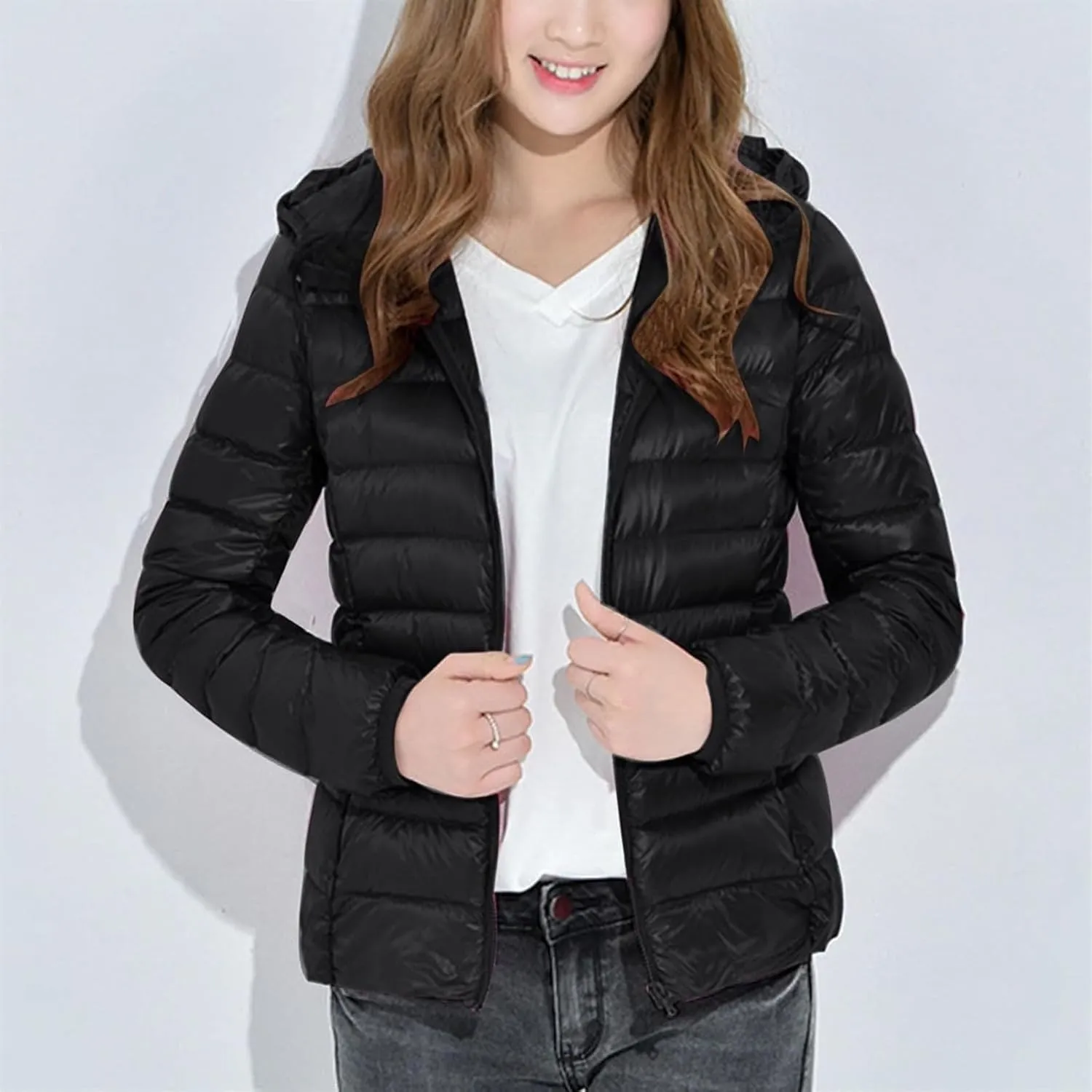Lightweight Puffer Jacket Women Plus Size Padded Down Coats Zip Up Warm Winter Jacket Outerwear with Hooded