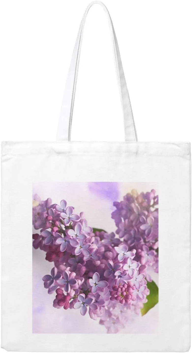 Lilac Flowers Large Canvas Tote Bag Cute Travel Shoulder Bag Reusable Washable Shopping Grocery Bags For Women Men