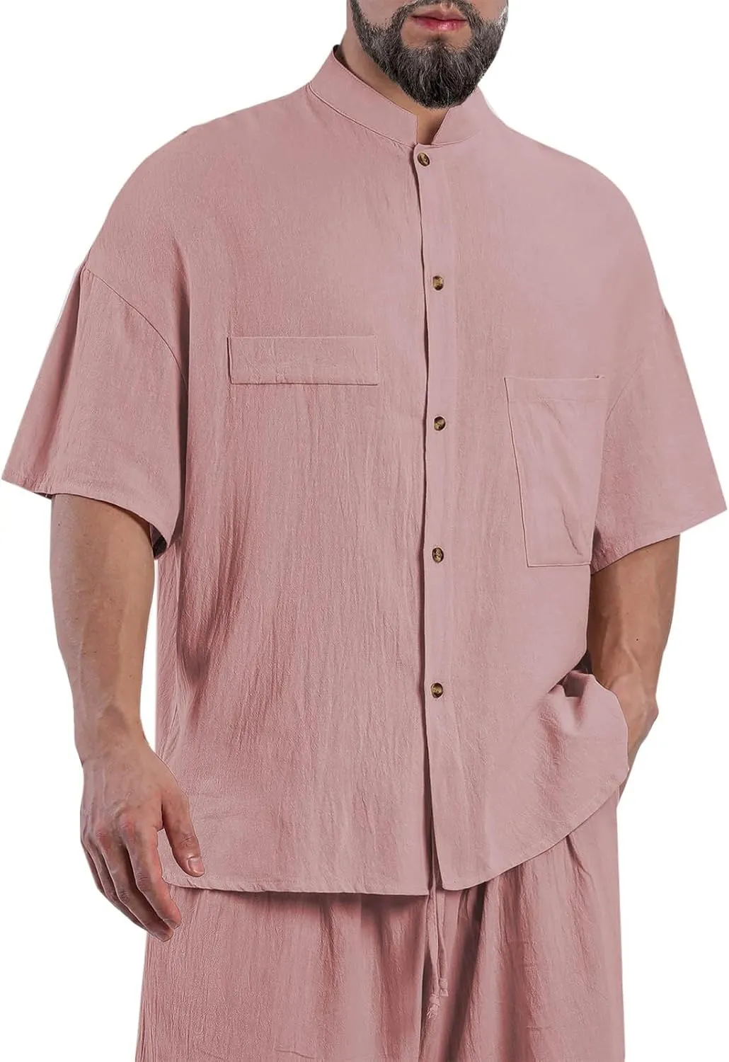Linen Shirt for Men Button Down Short Sleeve Band Collar Casual Solid Shirts Relaxed Hawaiian Blouse with Pockets