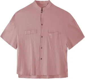 Linen Shirt for Men Button Down Short Sleeve Band Collar Casual Solid Shirts Relaxed Hawaiian Blouse with Pockets