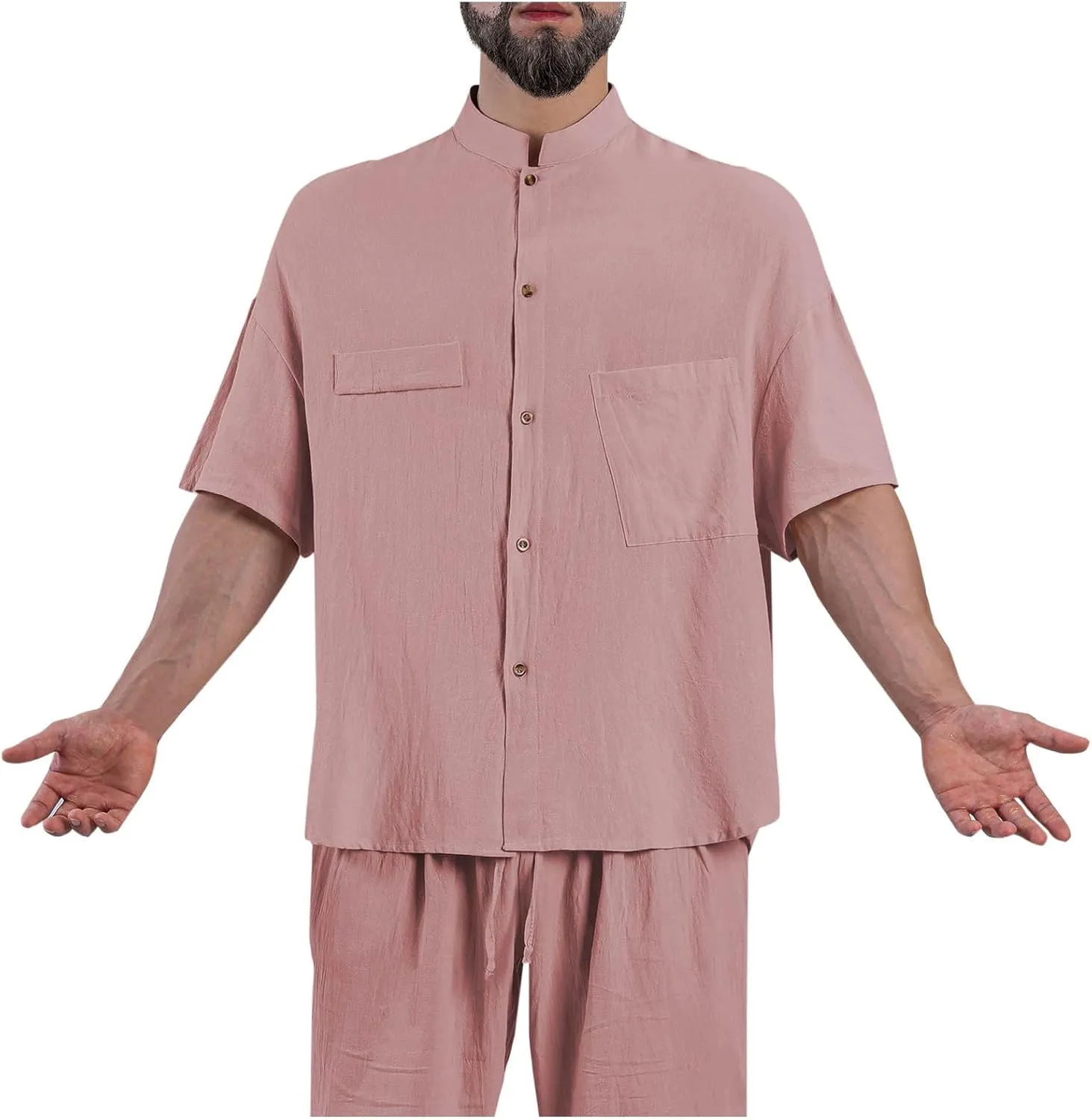 Linen Shirt for Men Button Down Short Sleeve Band Collar Casual Solid Shirts Relaxed Hawaiian Blouse with Pockets