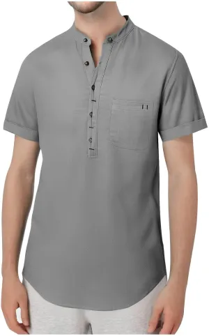 Linen Shirt Men Slim Button Short Sleeve Henley Tees Shirts with Pockets Solid Color Summer Hawaiian Blouses 2025