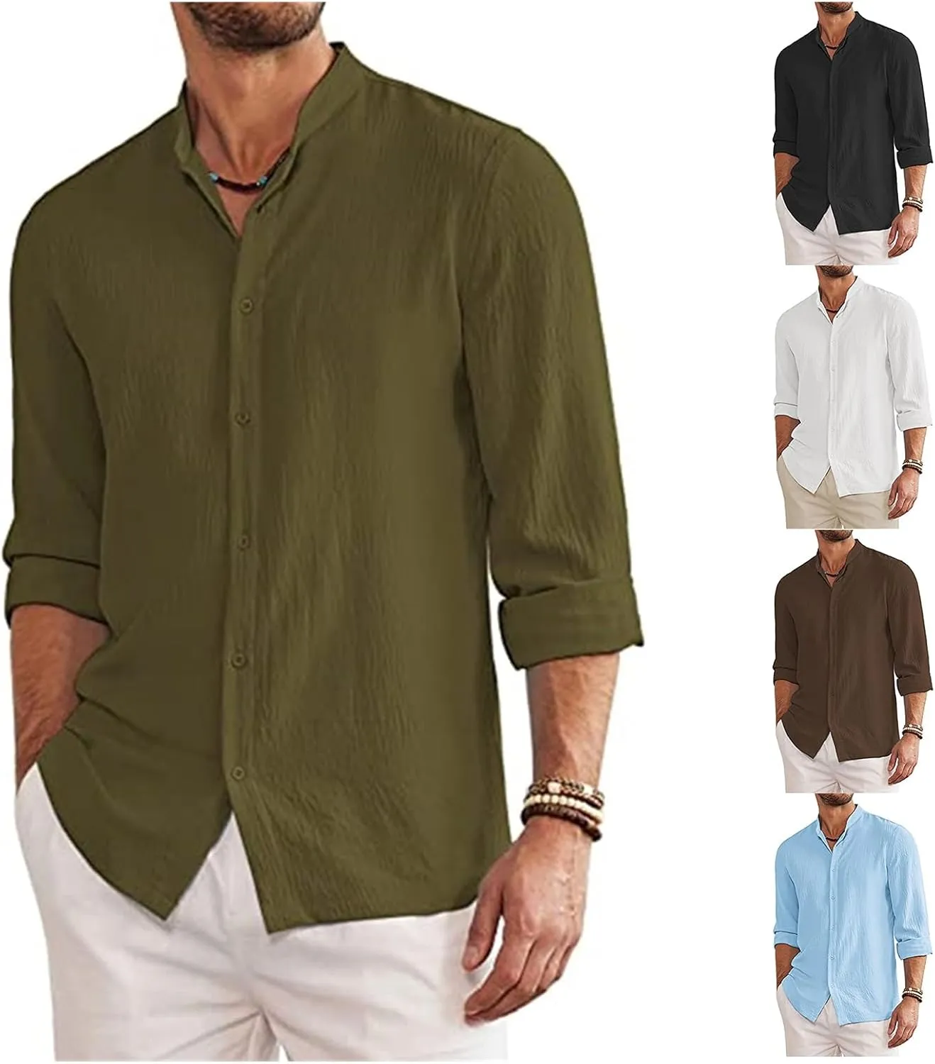 Linen Shirts for Men Casual Button Down Long Sleeve Hawaiian Beach Shirts Relaxed Fit Summer Tops for Men