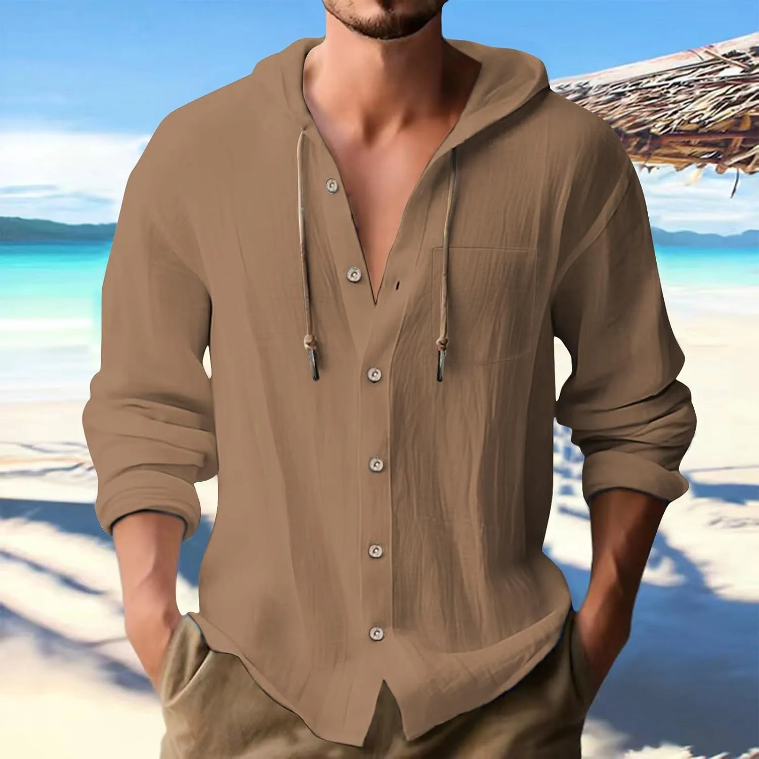 Linen Shirts for Men Long Sleeve Button Down Casual Hawaiian Shirt with Hood Lightweight Spring Summer Beach Hoodie