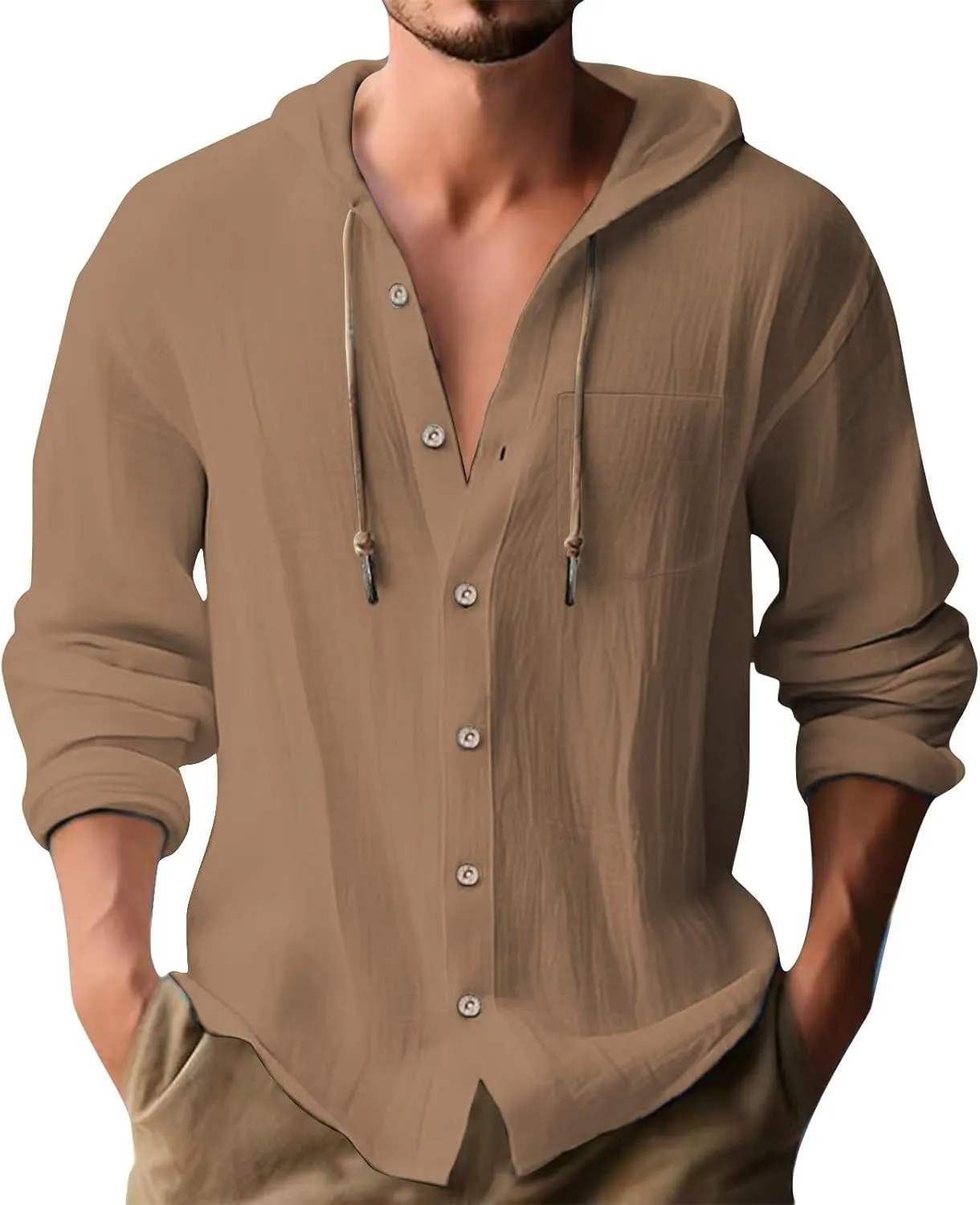 Linen Shirts for Men Long Sleeve Button Down Casual Hawaiian Shirt with Hood Lightweight Spring Summer Beach Hoodie