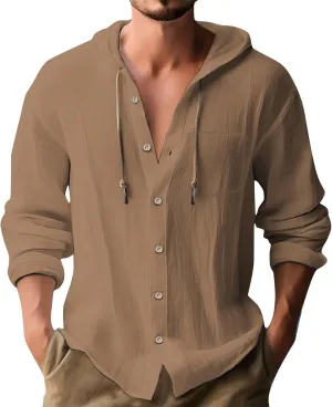 Linen Shirts for Men Long Sleeve Button Down Casual Hawaiian Shirt with Hood Lightweight Spring Summer Beach Hoodie