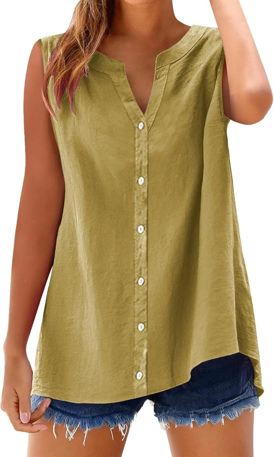 Linen Tank Tops for Women Button Down Sleeveless V Neck Loose Comfort Shirts Plus Size Summer Clothes for Women