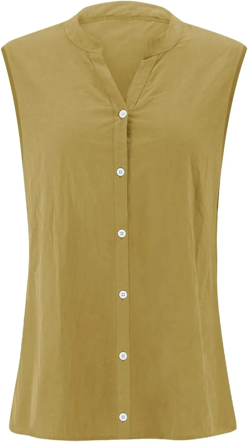 Linen Tank Tops for Women Button Down Sleeveless V Neck Loose Comfort Shirts Plus Size Summer Clothes for Women