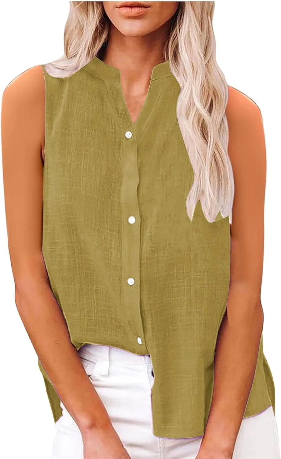 Linen Tank Tops for Women Button Down Sleeveless V Neck Loose Comfort Shirts Plus Size Summer Clothes for Women