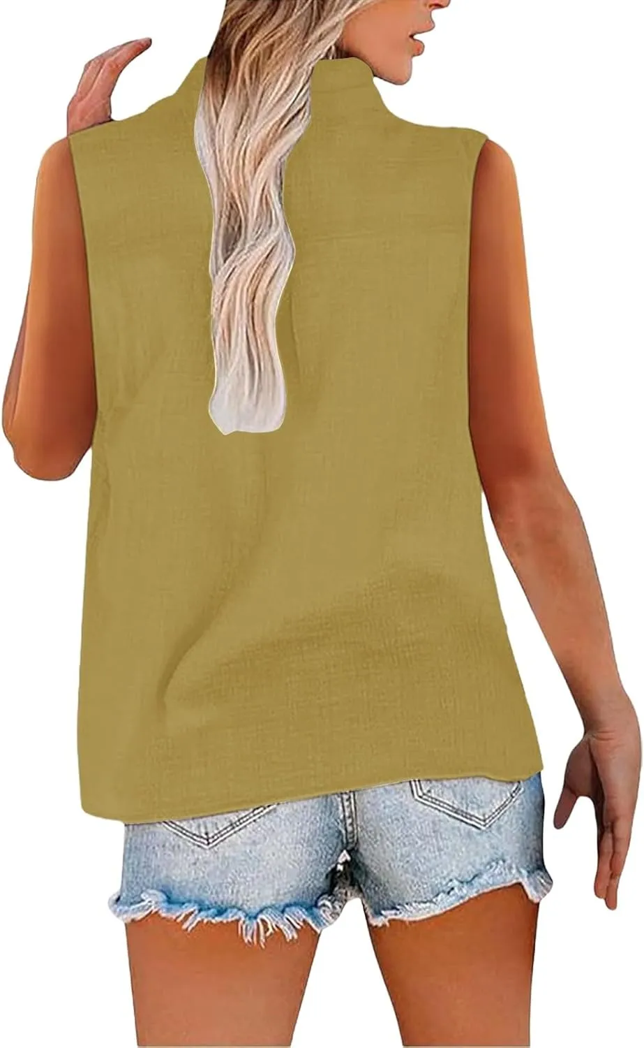 Linen Tank Tops for Women Button Down Sleeveless V Neck Loose Comfort Shirts Plus Size Summer Clothes for Women