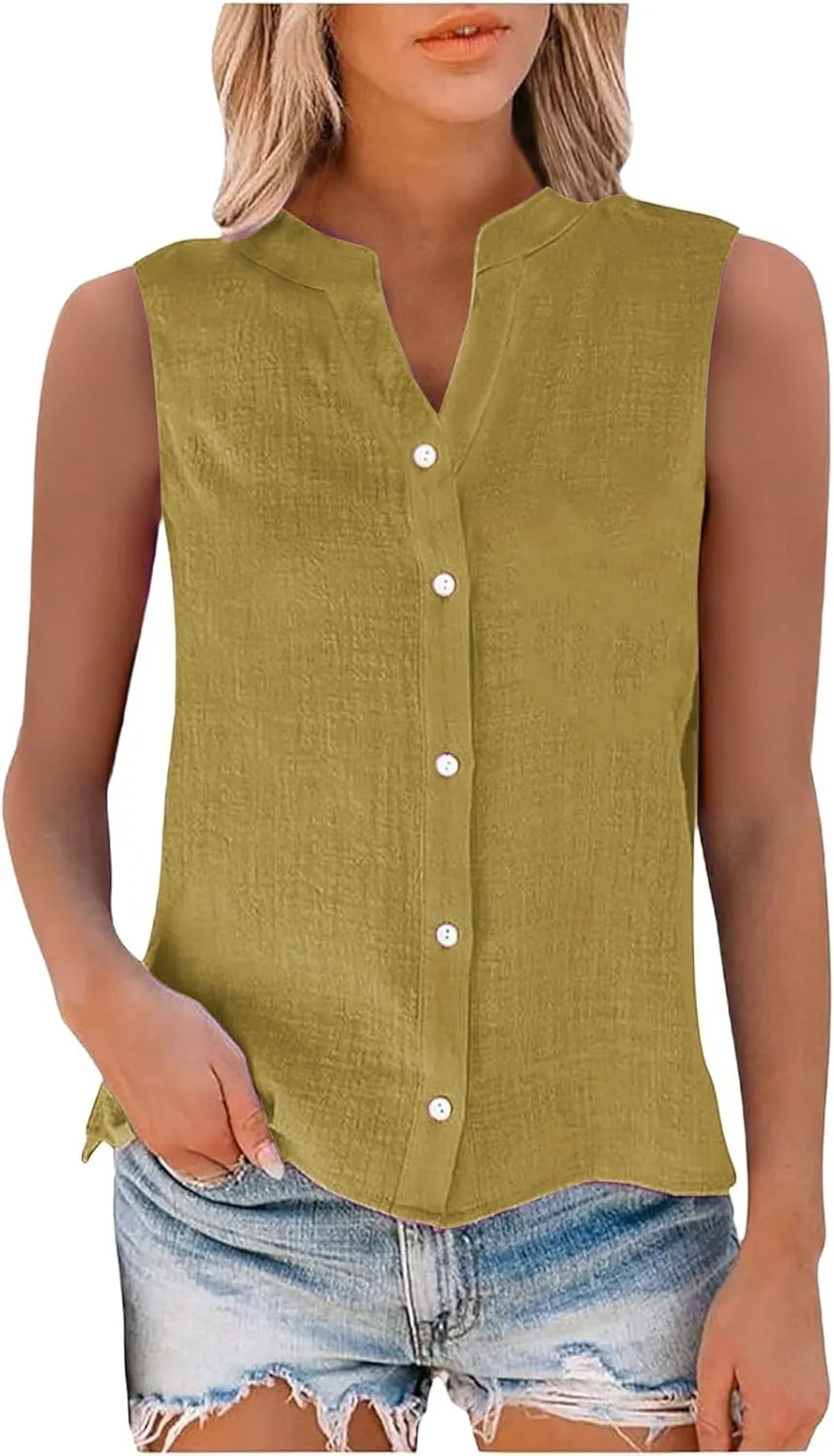 Linen Tank Tops for Women Button Down Sleeveless V Neck Loose Comfort Shirts Plus Size Summer Clothes for Women
