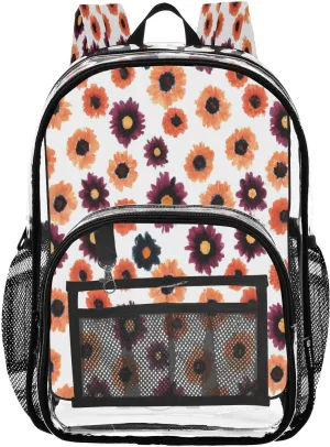 Little Sunflowers Orange Clear Backpack with Back Print, Heavy Duty See Through Backpacks PVC Transparent Daypack for Travel Security