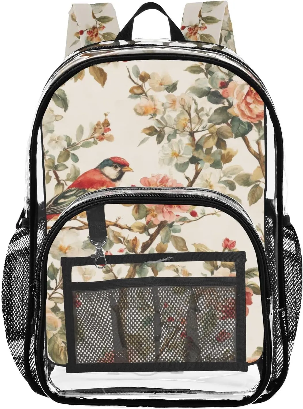 Lively Bird Flowers Clear Backpack with Back Print, Heavy Duty See Through Backpacks PVC Transparent Daypack for Travel Security