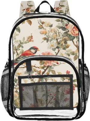 Lively Bird Flowers Clear Backpack with Back Print, Heavy Duty See Through Backpacks PVC Transparent Daypack for Travel Security
