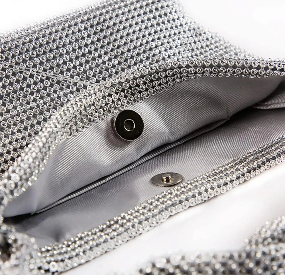 Logan Drill Mesh Luxurious Crystals Women Evening Handbags Magnet Switch Rhinestones Clutch Bags Solid Hobo for Wedding Party Silver