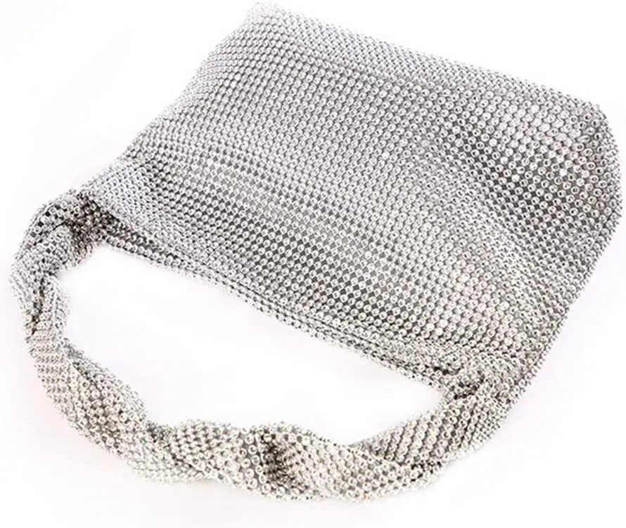 Logan Drill Mesh Luxurious Crystals Women Evening Handbags Magnet Switch Rhinestones Clutch Bags Solid Hobo for Wedding Party Silver