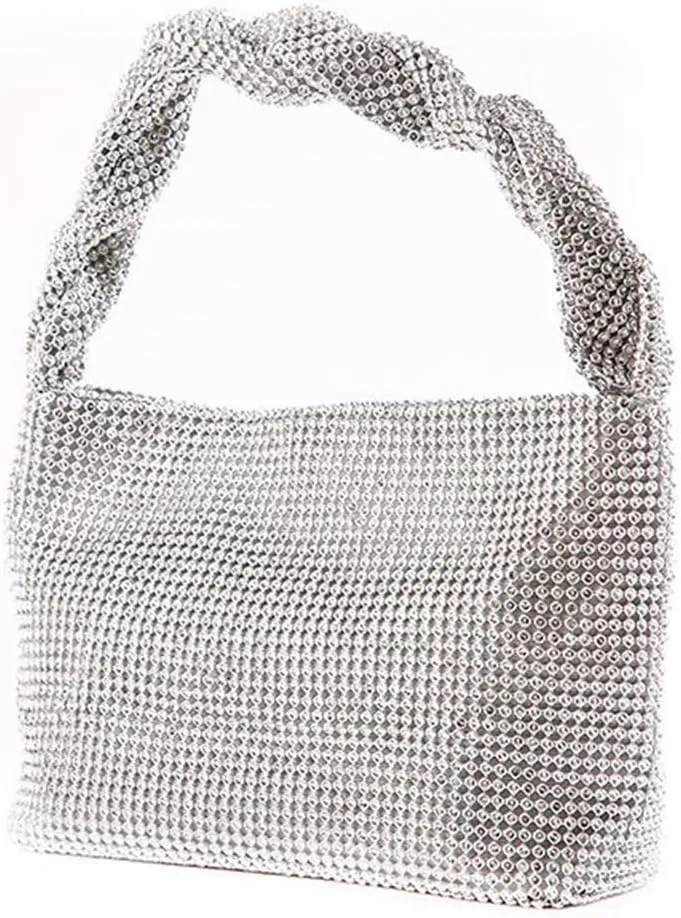 Logan Drill Mesh Luxurious Crystals Women Evening Handbags Magnet Switch Rhinestones Clutch Bags Solid Hobo for Wedding Party Silver