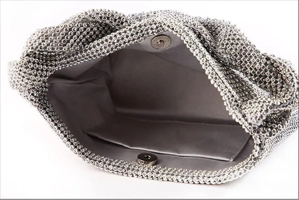 Logan Drill Mesh Luxurious Crystals Women Evening Handbags Magnet Switch Rhinestones Clutch Bags Solid Hobo for Wedding Party Silver