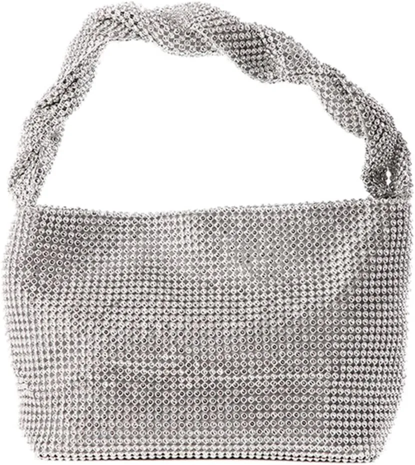 Logan Drill Mesh Luxurious Crystals Women Evening Handbags Magnet Switch Rhinestones Clutch Bags Solid Hobo for Wedding Party Silver